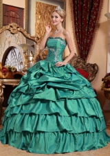 Turquoise Quincianera Dresses with Appliques and Pick-ups Strapless