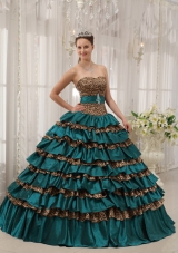 Turquoise Sweetheart Leopard Quinceanera Gowns Dress with Layers