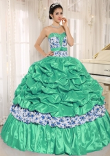 Beaded and Pick-ups For Turquoise Quinceanera Dress Taffeta and Printing