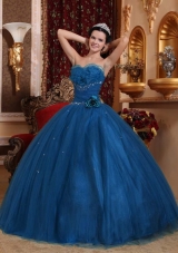 Blue Ball Gown Sweetheart Floor-length Tulle Beading Quinceanera Dress