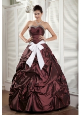 Burgundy Ball Gown Sweetheart Quinceanea Dress with White Sash and Pick-ups