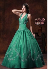 Halter Turquoise Quinceanera Gowns with Embroidery Organza