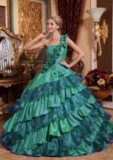 One Shoulder Quinceneara Dresses with Hand Made Flowers and Layers