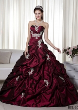 Princess Strapless Taffeta Burgundy Quinceanera Dress with Appliques