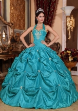 Teal Ball Gown Halter Top Floor-length Taffeta Appliques Quinceanera Dress