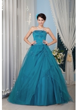 Teal  Princess Strapless Floor-length Tulle Beading Quinceanera Dress