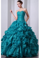 Teal Princess Sweetheart Floor-length Organza Beading and Rufffles Quinceanea Dress