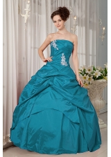 Turquoise Ball Gown Strapless Floor-length Taffeta Appliques Quinceanera Dress