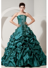 Turquoise Princess Strapless Brush Tain Taffeta Quinceanera Gowns with Beading