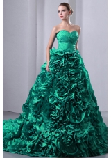 Turquoise Princess Sweetheart Brush Train Hand Made Flowers Quincenera Dresses