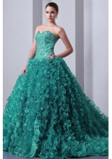 Turquoise Princess Sweetheart Brush Train Quinceanea Dresses with Beading and Ruffles