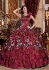 Ball Gown V-neck Beading and Appliques for Burgundy Sweet 16 Dresses