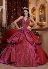 Burgundy Halter Quinceanera Dresses with Appliques and Pick-ups