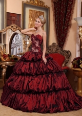 Burgundy Sweetheart Chapel Train Quinceanera Dresses with Appliques and Pick-ups