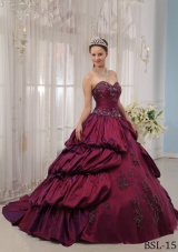 Burgundy Sweetheart Court Train Quinceanera Gowns Dress with Appliques and Pick-ups
