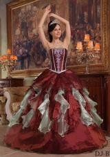 Burgundy Sweetheart Organza Quinceneara Dresses with Beading