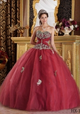 Burgundy Sweetheart Quinceanera Gown Dress with Appliques Tulle