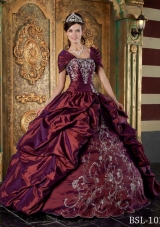 Burgundy Taffeta Strapless Quinceanera Gown Dress with Embroidery