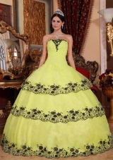 Strapless Organza 2014 Cheap Quincenera Dresses with Appliques