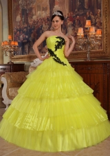 Strapless Organza Yellow Sweet 15 Dresses with Layers and Appliques