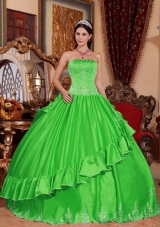 2014 Strapless Embroidery Spring Green Long Puffy Quinceanera Dresses