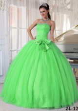 Green Puffy Sweetheart Quinceanera Dresses with Beading and Bowknot