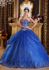 2014 Pretty Blue Puffy Sweetheart with Lace Appliques for 2014 Quinceanera Dress