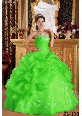 2014 Pretty Spring Green Strapless Embroidery Puffy Sweet 15 Dresses