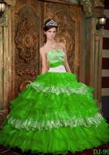 2014 Pretty Strapless Organza and Zebra Spring Green Quinceanera Dress with Ruffles