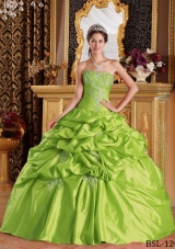 2014 Puffy Strapless Spring Green Quinceanera Dresses with Appliques