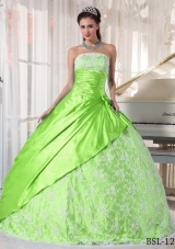Affordable Strapless Lace Quinceanera Dresses in Spring Green