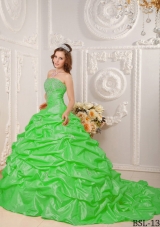 Appliques and Beading Strapless Spring Green Quinceanera Gowns with Court Train