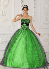 Beading and Appliques Strapless Taffeta and Tulle Puffy Quinceanera Dresses