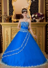 Blue Puffy Strapless Lace Appliques Quinceanera Dress for 2014