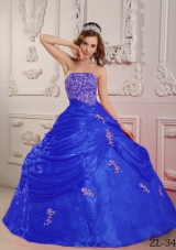Exclusive Blue Puffy Strapless Appliques Decorate for 2014 Quinceanera Dress