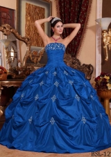 New Style Blue Puffy Strapless with Embroidery Quinceanera Dress for 2014