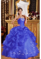 Ryal Blue Puffy Strapless with Embroidery for 2014 Quinceanera Dress