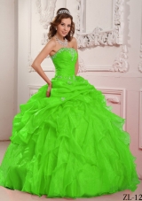Spring Green Ball Gown Organza Beading And Ruffles Quinceanera Dresses with Strapless