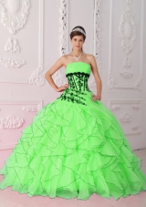 Sweet Puffy Spring Green Strapless Appliques and Ruffles Quinceanera Dresses