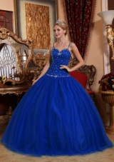 2014 Royal Blue Puffy Spaghetti Straps Beading Quinceanera Dress