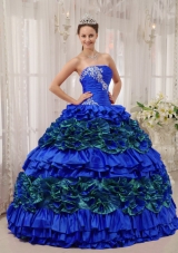 Blue Puffy Strapless Appliques and Ruching 2014 Quinceanera Dress