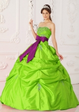 Cheap Spring Green Strapless Beading and Sashes Puffy Quinceanera Dresses