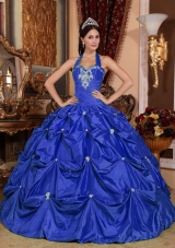 Puffy Halter Top Appliques 2014 Quinceanera Dresses with Pick-ups