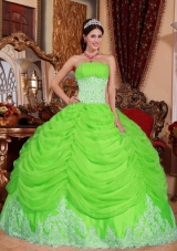 Puffy Strapless Long Beading Quinceanera Gown with Spring Green