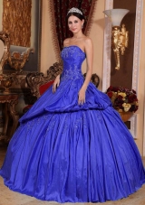 2014 Blue Puffy Strapless Appliques and Pick-ups Quinceanera Dress
