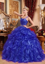 Affordable Blue Puffy One Shoulder 2014 Beading Quinceanera Dresses