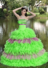 Beautiful Strapless Beaded Decorate Bust Tiered Sweet Quinceanera Gowns