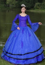 Most Popular V-neck Appliques Blue Quinceanera Dress With Long Sleeves