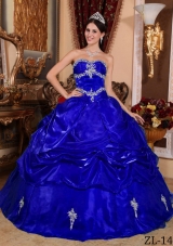 Royal Blue Puffy Strapless with Pick-ups and Appliques for 2014 Quinceanera Dress