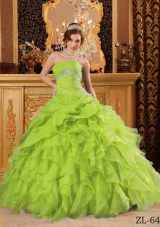 Lime Green Princess Organza Sweet 15 Dresses with Beading and Ruffles